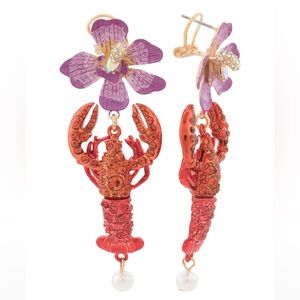 Betsey Johnson Red Lobster Earrings with Purple Floral Accents